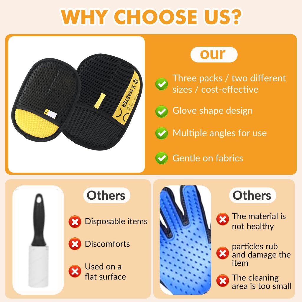 Wortade 3pcs Pet Hair Removal Glove, Efficient Grooming Gloves, 2L1S