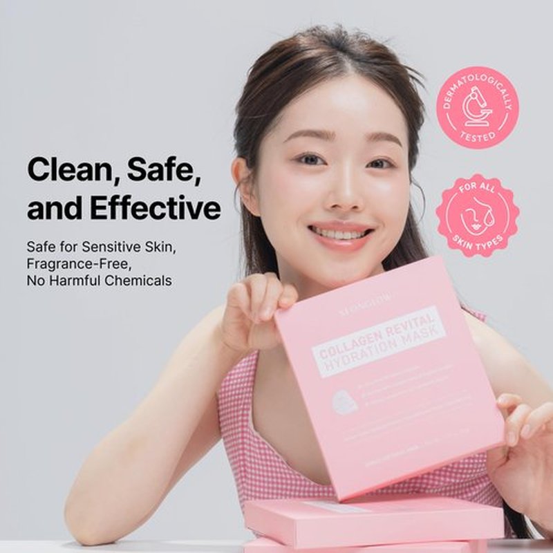 SEONGLOW Collagen Hydration Mask, 100-Dalton Ultra-Low Molecular Collagen & Peptide Complex, Deep Hydration, Elasticity & Pore Care, 34g / 1.19 oz (1 Sheet) x 4ea