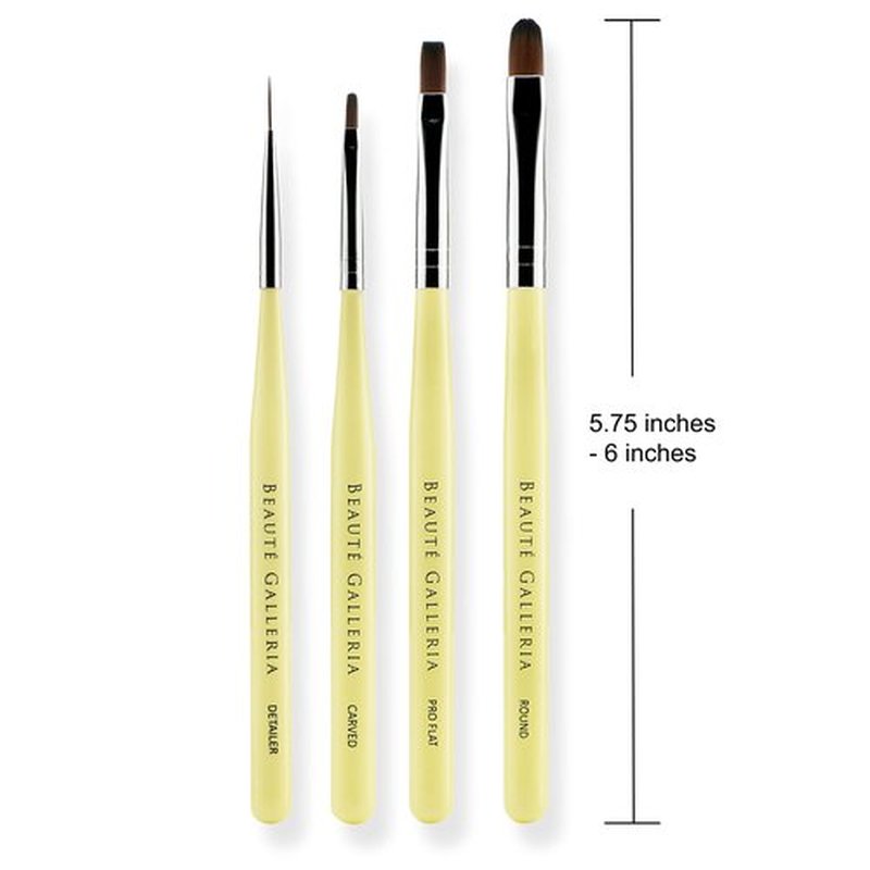 Beaute Galleria 4-Piece UV Gel Nail Art Brush Set - Pro Flat, Carved, Detailer, Round for Fine Line, Detailer, Outline, Striping, Polygel Nails, Gel Sculpting, Nail Tips