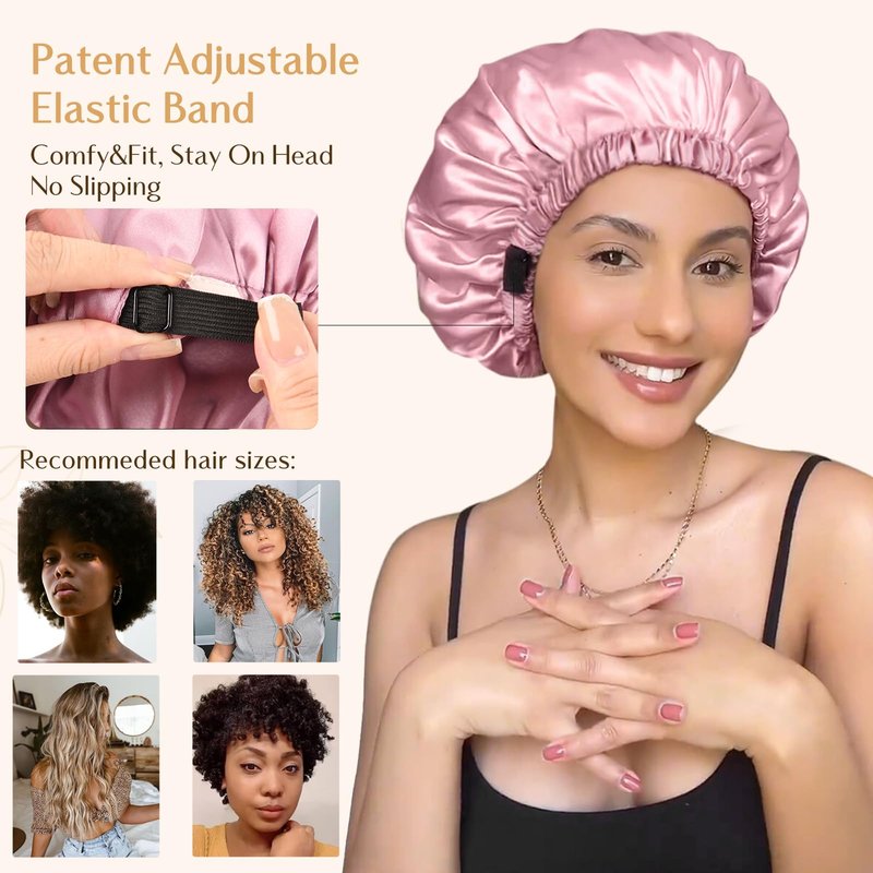 YANIBEST Adjustable Satin Bonnet Double Layer Hair Bonnet for Sleeping Bonnets for Women Hats Curly Natural Hair, Pearl Pink