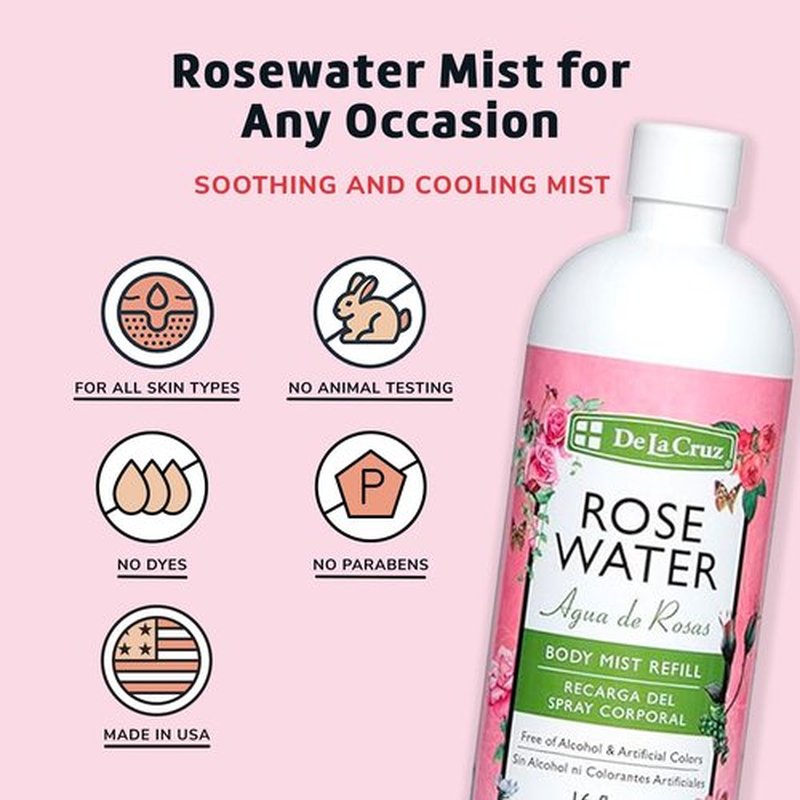 De La Cruz Pure Rose Water Body Mist,Rosewater Spray for Face, Skin & Hair, Rose Toner & Rose Water for Hair Alcohol Free, Paraben Free 16 fl oz (1 Bottle)