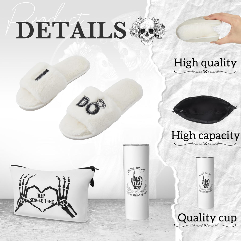 Cosblank 4 Pcs Bride Gifts for Bridal Shower – Bride or Die Bachelorette Gift Set, 20oz Stainless Steel Tumbler, Canvas Tote Bag, Makeup Pouch & Cozy Bridal Slippers, Wedding Morning Gift