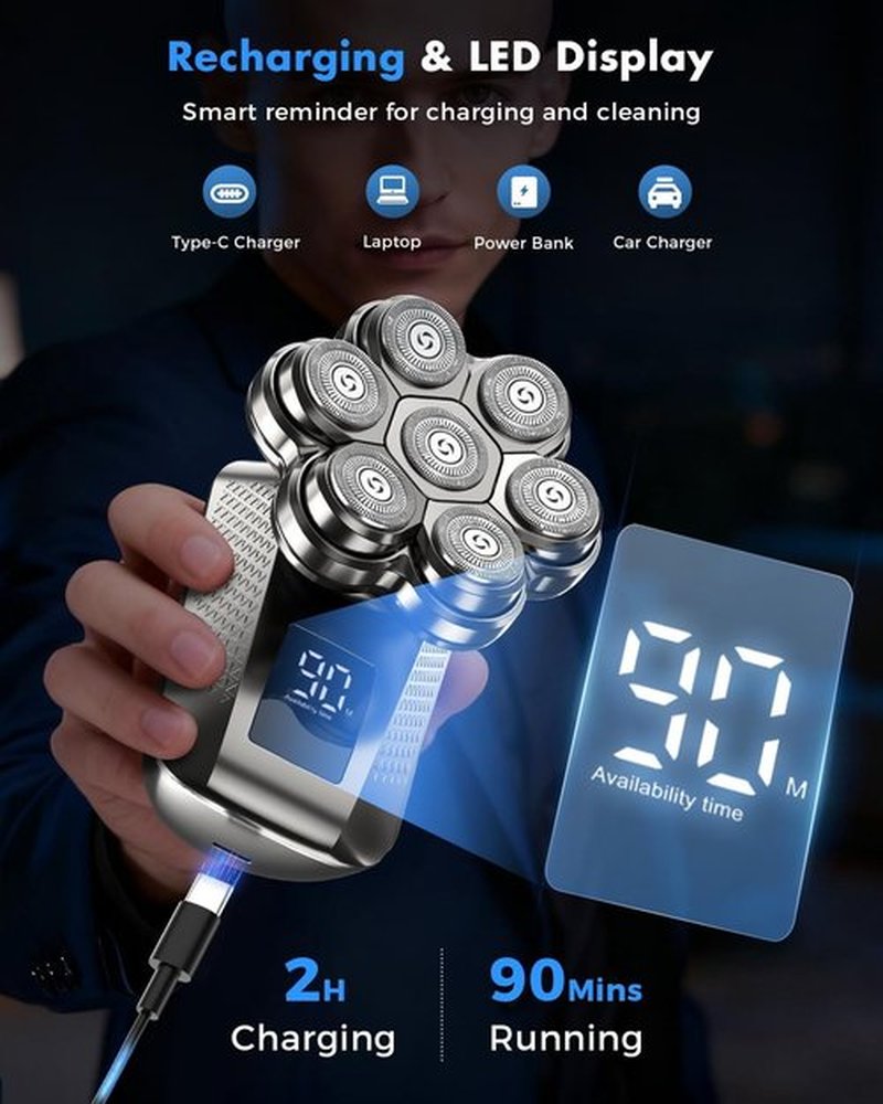 7D Electric Head Shaver - 5-in-1 Grooming Kit for Bald Men | Waterproof, Travel-Ready, LED Display