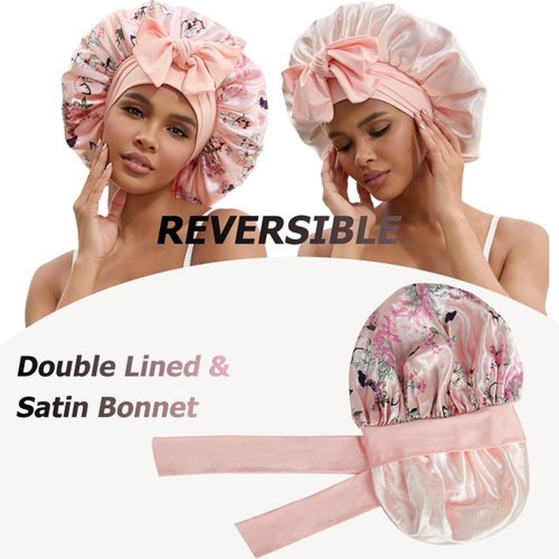 NAHOSY Satin Silk Bonnet for Sleeping Women, Reversible Double Layer Soft Satin Lined Hair Bonnet with Tie Band Night Sleep Cap for Curly Hair (Pink)