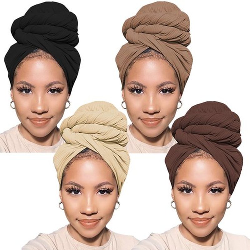 PWEOUKE 4 Pcs Head Wraps for Women Solid Color Soft African Head Scarf for Hair Jersey Turban Long Breathable Head Band Tie for Woman