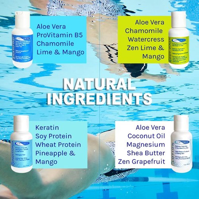 TRISWIM Chlorine Removal Shot Set - Travel Size Shampoo, Conditioner, Body Wash & Lotion | 2oz Each