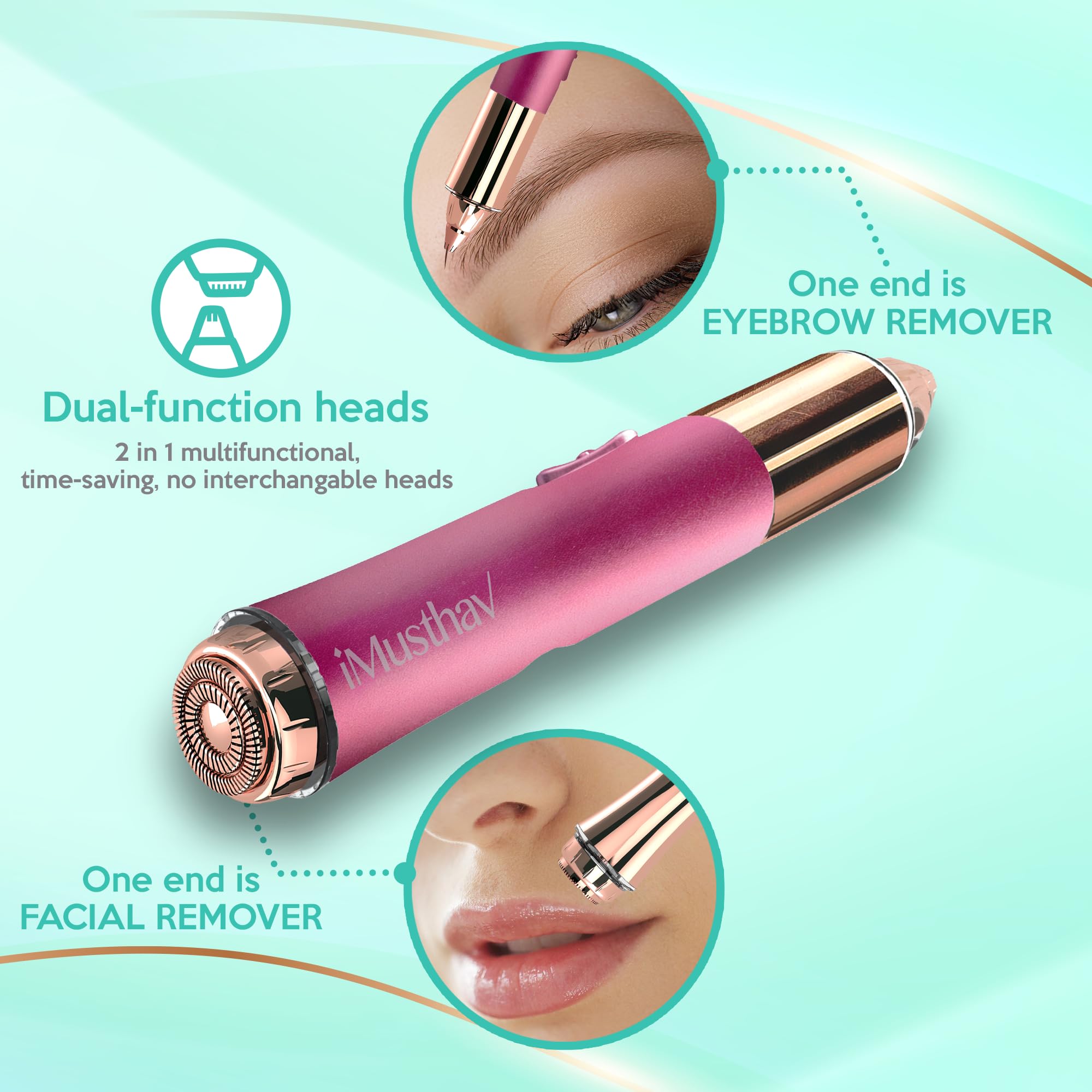 iMusthav Facial Hair Removal for Women, 2-in-1 Face Hair Remover & Eyebrow Trimmer, Painless Flawless Face Shaver with LED Light, Rechargeable Peach Fuzz Remover & Electric Eyebrow Razor for Women