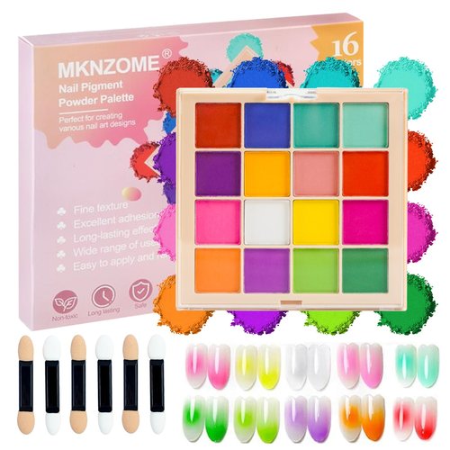 MKNZOME Nail Pigment Powder Palette, 16 Colors Solid Pigment Powder for Nails Set Pigmentos para Uñas, Nail Art Manicure DIY Accessories