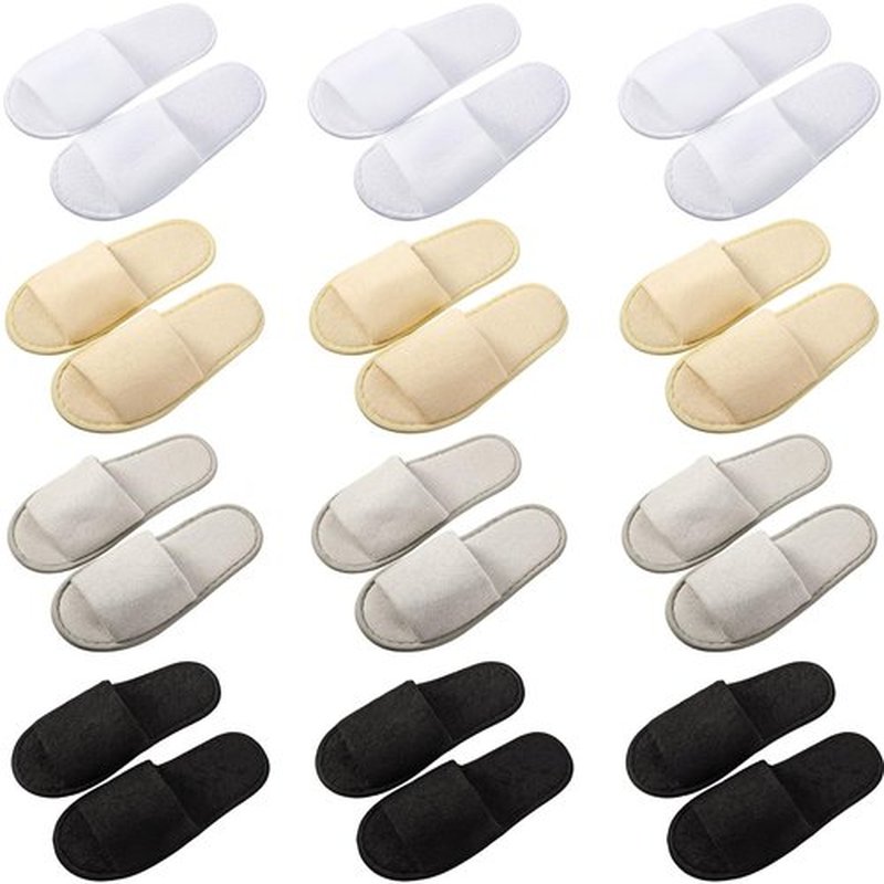Silicherry 12 Pairs House Slippers for Guests Disposable Open Toe Spa Slippers Unisex Travel Slipper Bulk for Halloween Christmas Wedding Party(Black, White, Khaki, Light Gray,L)