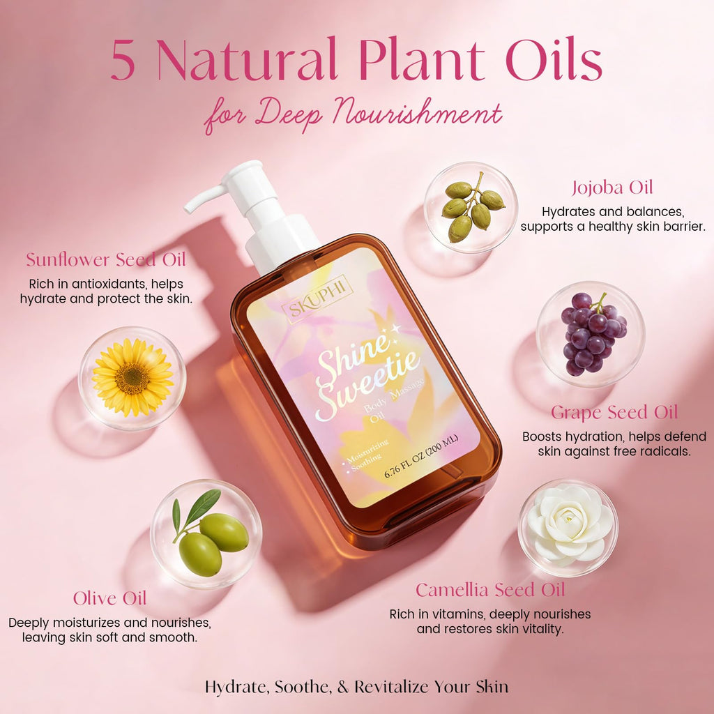 SKUPHI Body Oil for Massage, Lightweight Non Greasy Massage Oil for Relaxation & After Shower, Smooth Glide 6.76 Fl Oz (Floral)