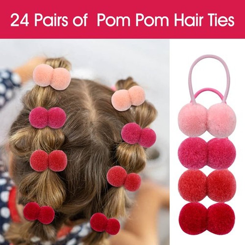 Dizila 48 Pieces/24 Pairs Candy Colors Cute Small Fuzzy Pompom Hair Ties Scrunchies Pom Pom Elastics Pigtail Ponytail Holders Fluffy Balls Rubber Bands Ropes Hair Accessories for Baby Girls Kids