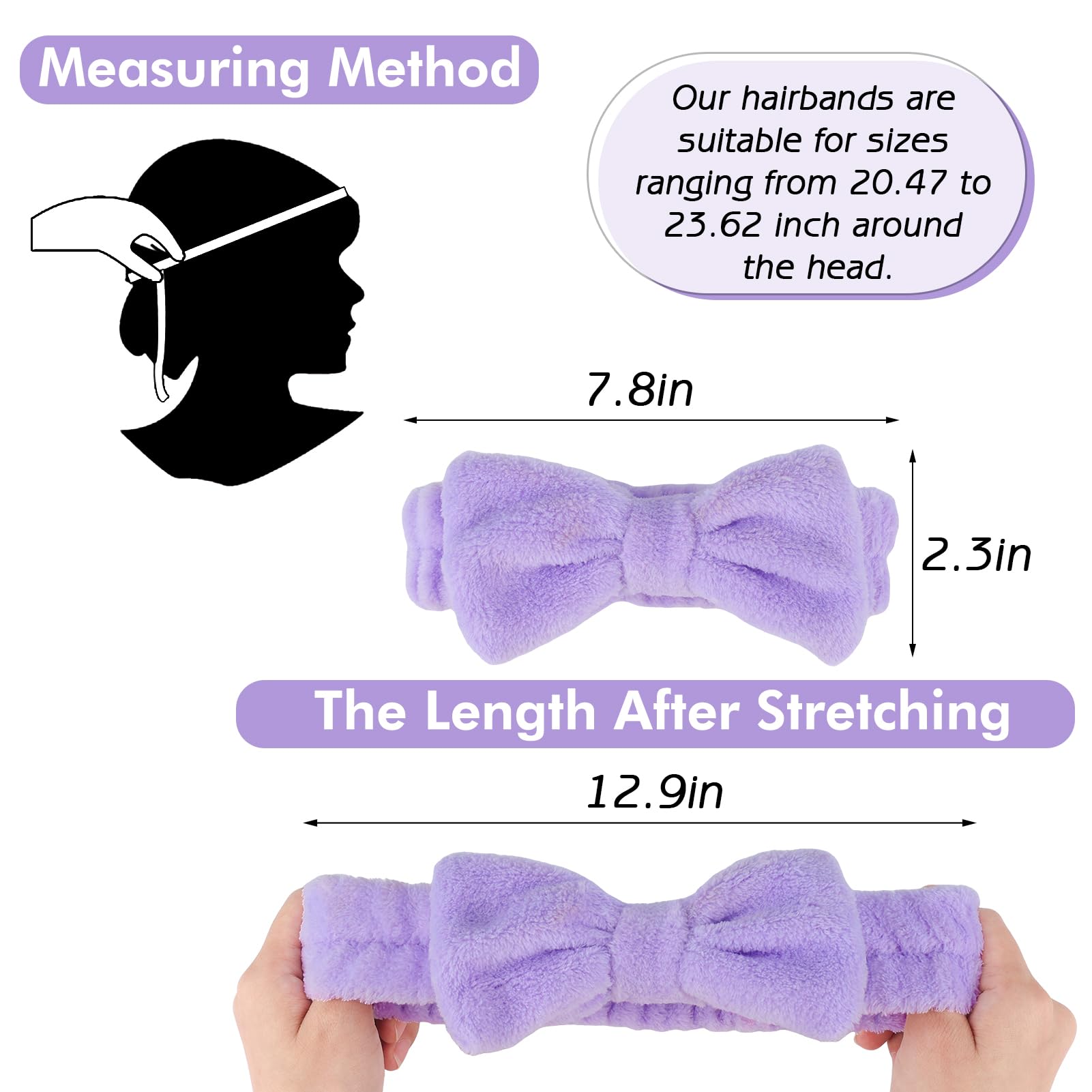 Zkptops 6Pcs Spa Headband for Washing Face Wristbands Set Women Bubble Makeup Sponge Terry Cloth Padded Puffy Skincare Headband Bow Tie Hairband Cute Non Slip Thick Hair Accessory Gifts (Purple)