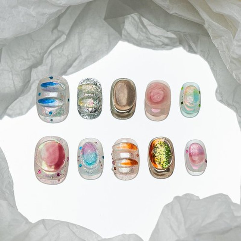 Sun&Beam Nails Handmade Press-on Short Squoval Round Blue Green Orange Purple Ombre Hand-Painted 3D Design Fashion False Nail Tips 10 Pcs Set (#206 S)