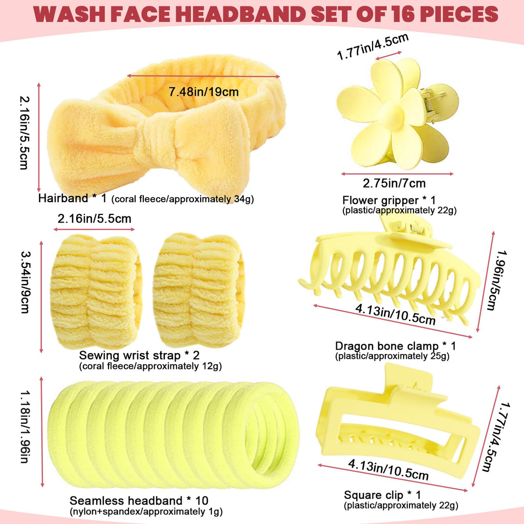 Xiuying Feng 16 Pcs Skincare Headband Set, Face Washing Headband with Wristbands, Hair Claw Clips & Hair Ties, Spa Headbands for Women Girls, Perfect for Facial, Makeup, Shower, Gift Ready Box