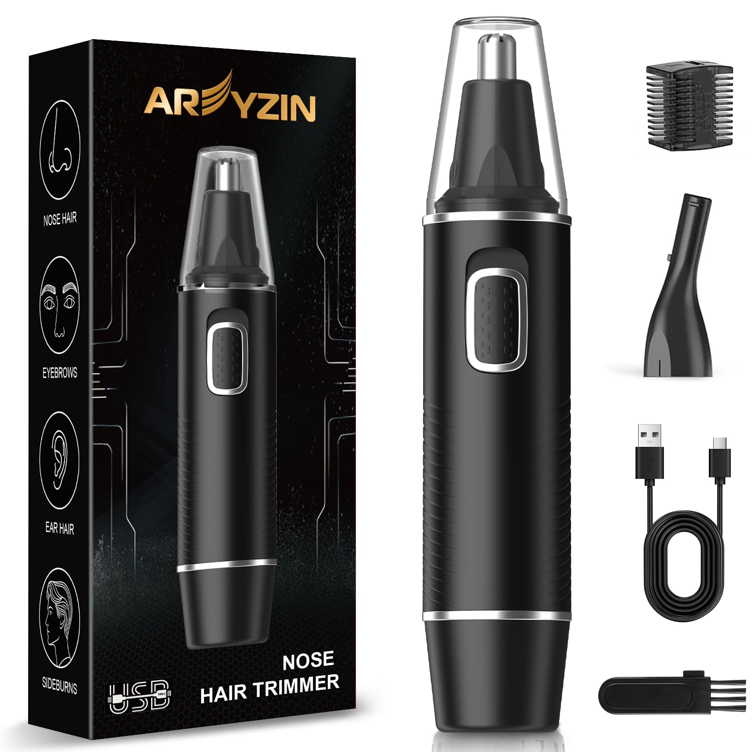 AREYZIN Nose Hair Trimmer for Men,Rechargeable Ear and Nose Trimmer,2 in 1 Painless Professional Eyebrow,Silver