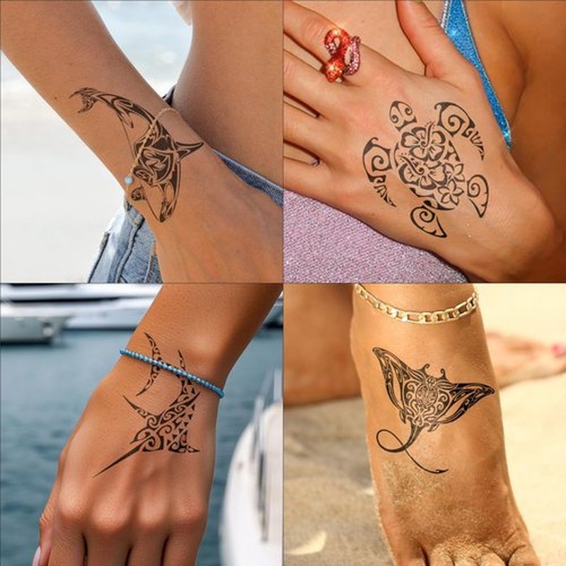 FTVLTAT 16 PCS Black Tribal Totem Temporary Tattoo Stickers for Women Men, Maori Stingray Shark Whale Turtles Seahorses Patterns, Long-lasting Waterproof Removable Body Art Makeup Fake Tattoo