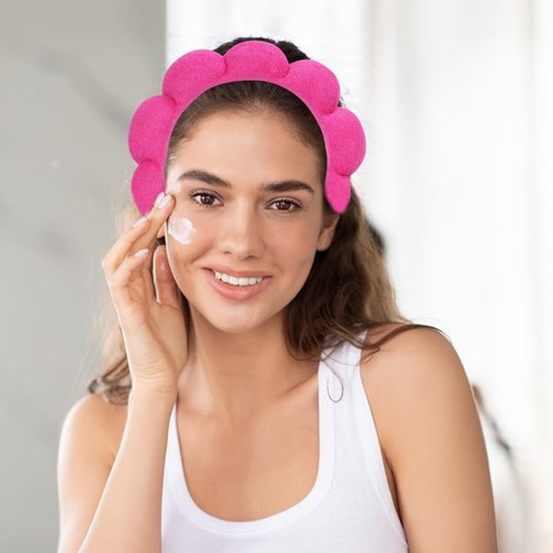 Beleki Spa Headband & Wristband Set - Sponge Terry Cloth Bubble Puffy Hairband - Non Slip Headwear - Hot Pink - 3 Pcs