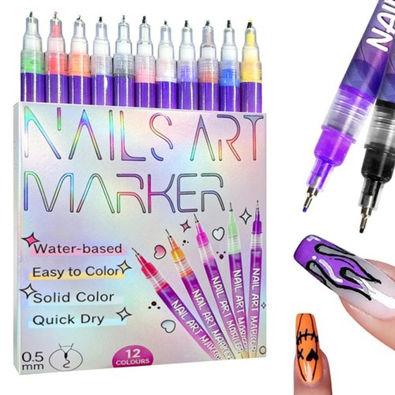 12 Colors Nail Art Pens, Nail Art Markers for 3D Drawing, Quickly Dry Nail Polish Pens for Home Salon Use (1 Set)