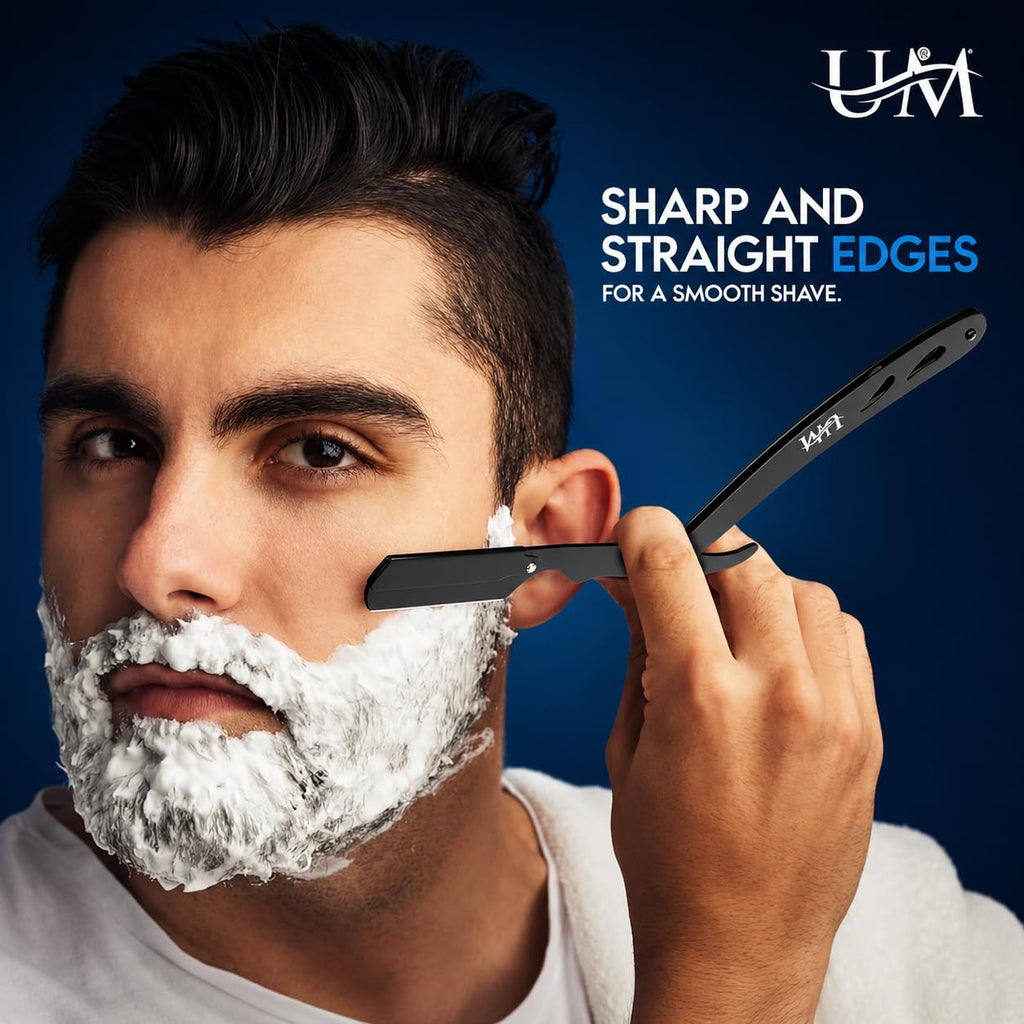 UM Supplies Straight Edge Razor Professional Barber Shaving Razor Kit With 10 Replaceable single Edge Blades