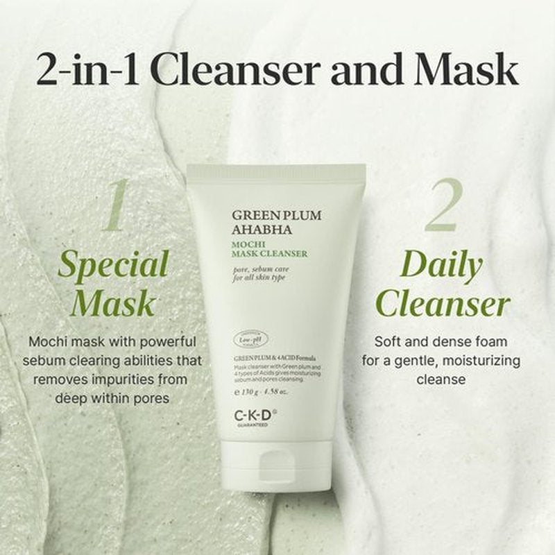 CKD Green Plum AHA·BHA Clay Mask Cleanser - All in One, Korean Face Wash + Makeup Remover + Gentle Scrub with Controls Sebum, Tightens Pores, Removes Blackheads. All Skin Types. 4.58 oz