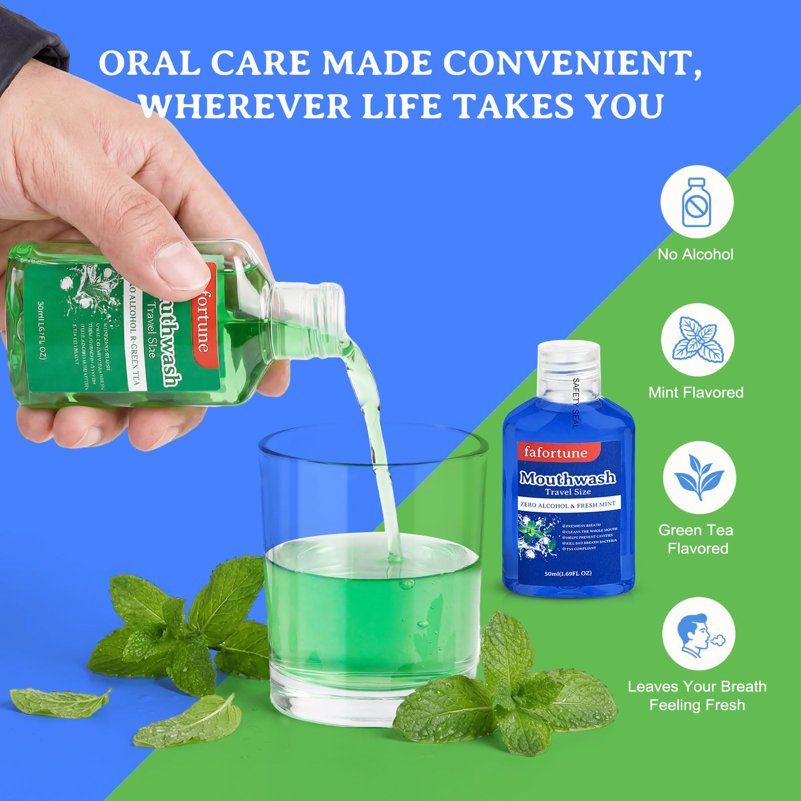 fafortune 1.69fl oz Travel Size Mouthwash Bulk Mini Mouthwash Small Portable Alcohol Free Bottles Individual for Travel Camping Hotels On-The-Go(Pack of 20,Mint and Green Tea)