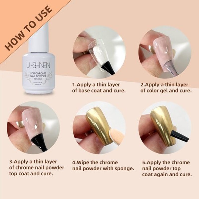 U-Shinein Top Coat Gel for Chrome Nail Powder, 15ml No Wipe High Gloss Shiny Clear Polish With 3 Colors, Long Lasting Soak Off DIY Nail Art Manicure
