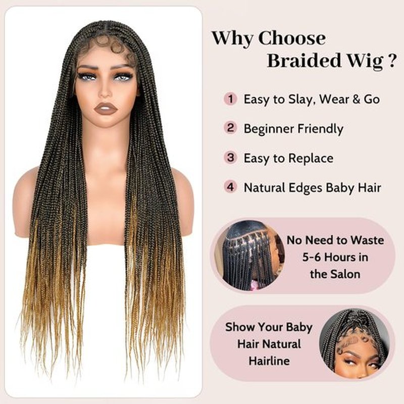 Suntefic Braided Wig for Black Women Human Hair Blended Glueless Full Double Breathable Lace Front Braids Wig with Baby Hair Lightweight Handmade African American Braided Wigs (Ombre Blonde, 32 Inch)