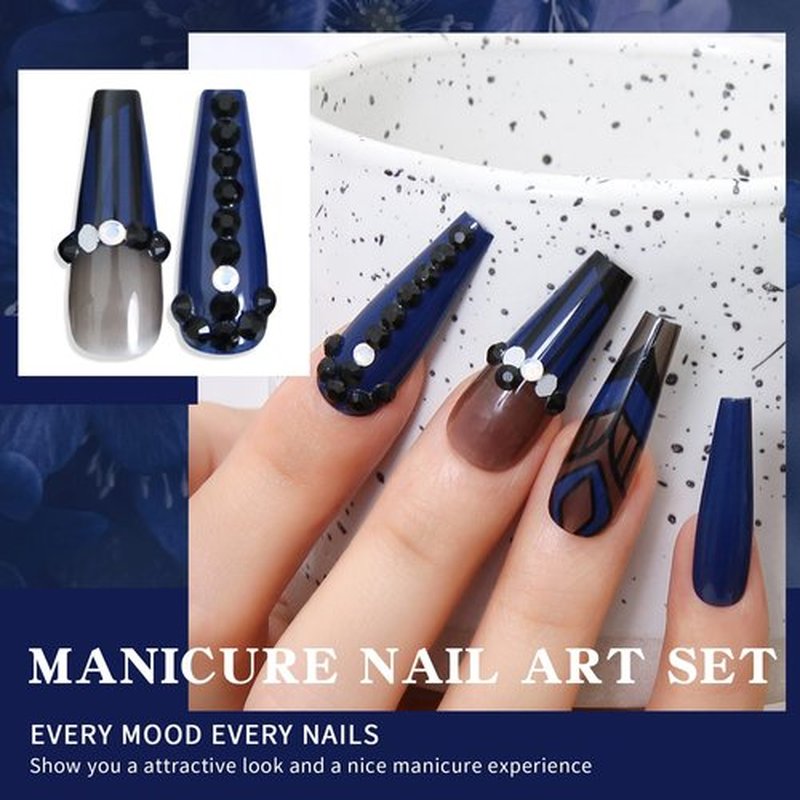 Luxury Navy Coffin Nails Glossy 3D Rhinestones Extra Long Tips Elegant Ethnic Glue on Fake Nails Gothic Nail Salon Art DIY