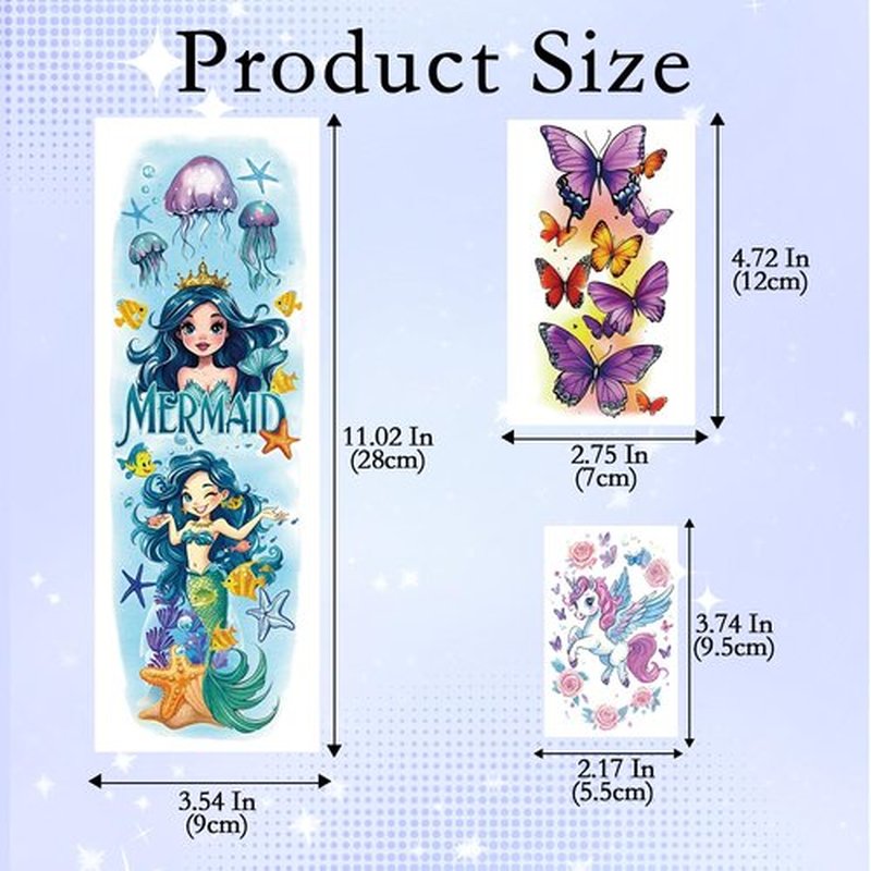 52pcs Temporary Tattoos for Kids, Full Arm Sleeve Tattoos with Mermaid Unicorn Truck Dinosaur Rocket Animals Plants Body Face Fake Arm Tattoos Stickers for Grils Boys Gift Party Supplies