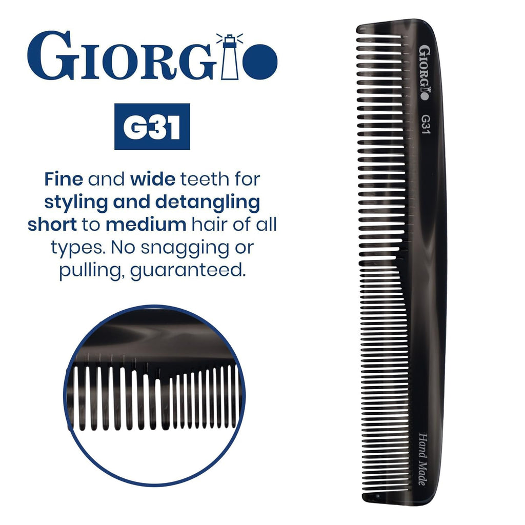Giorgio G31 Fine Tooth and Wide Tooth, Hair Comb - Hair Styling Comb for Men, and for Women, Mens Beard Care Combs for Detangling and Styling - Handmade Saw-Cut and Hand Polished (Black Graphite)