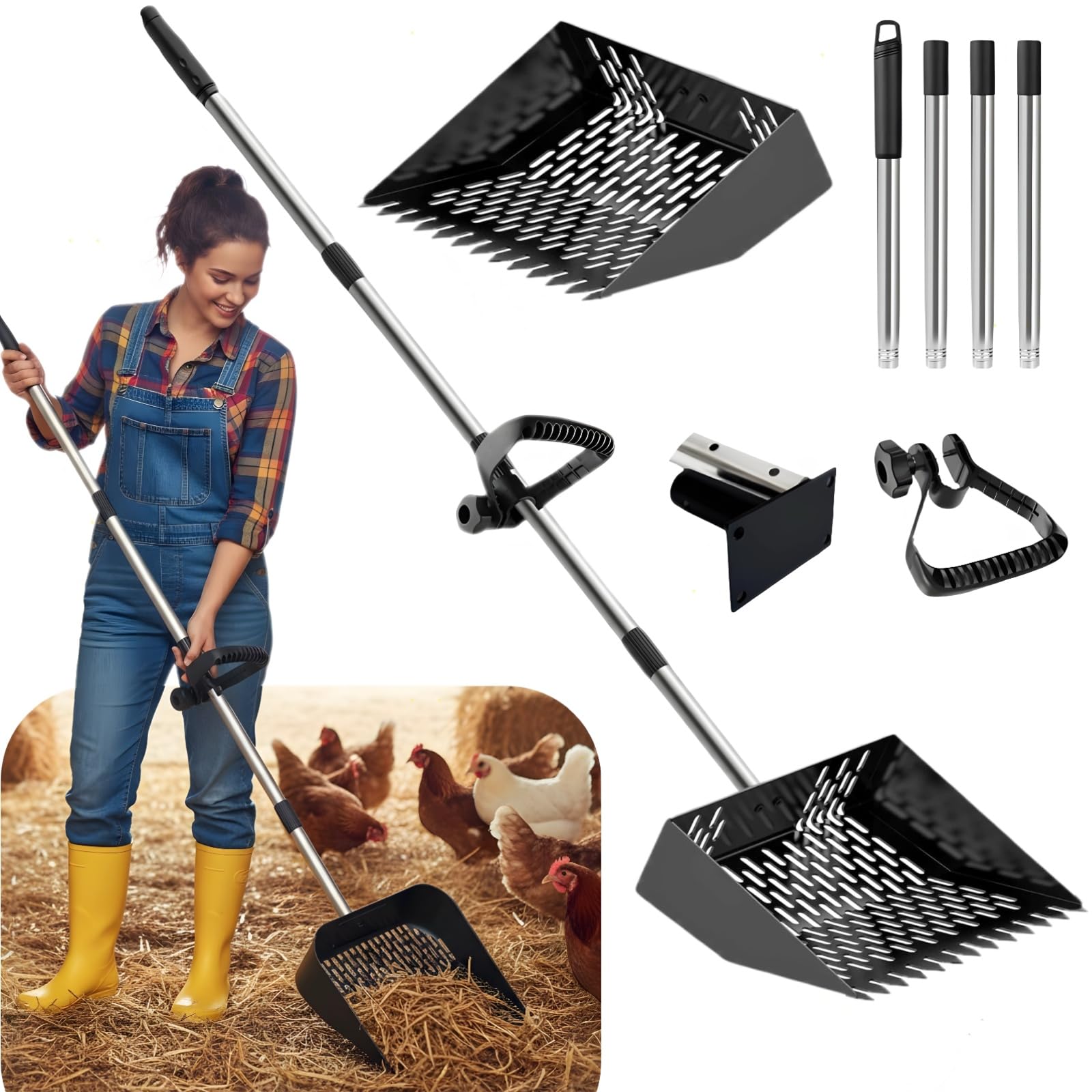 ZyCooom Chicken Poop Scooper & Rake 2-in-1, Adjustable Steel Handle Chicken Poop Shovel (24"-63.7"). Chicken Coop Scoop for Chicken Coop and Pet Poop Cleaning with Ergonomic Grip-Long Slot