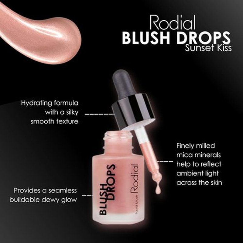 Rodial Blush Drops - Sunset Kiss Frosted Pink | Moisturizing Liquid Blush with Vitamin E, 0.5 fl oz