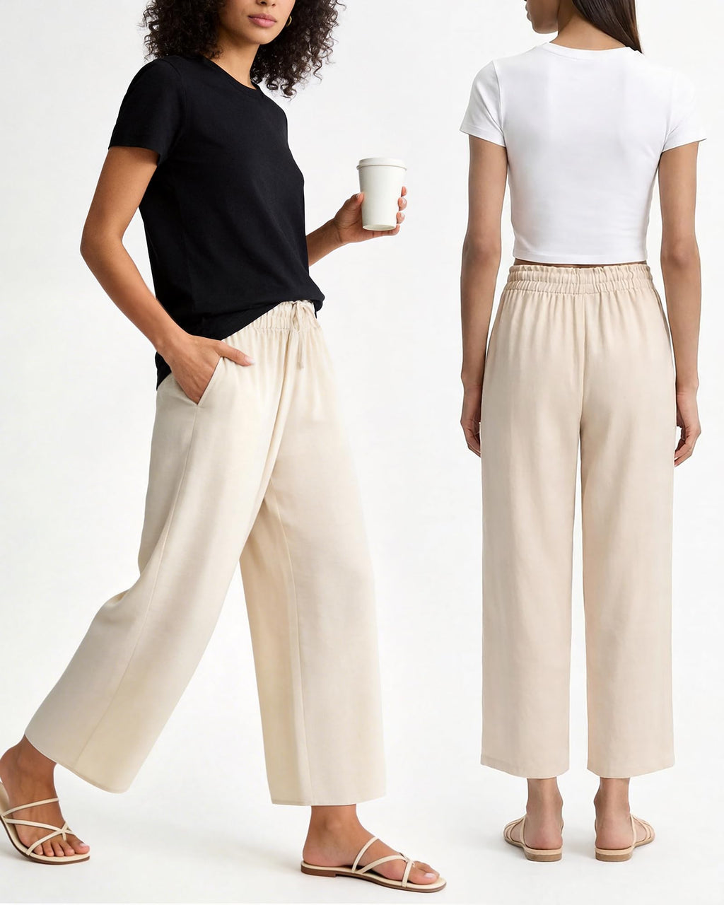 DIGIMAP Womens Cropped Casual Pants Wide Leg Palazzo Pants Elastic Waisted Flowy Trousers with Pockets Beige