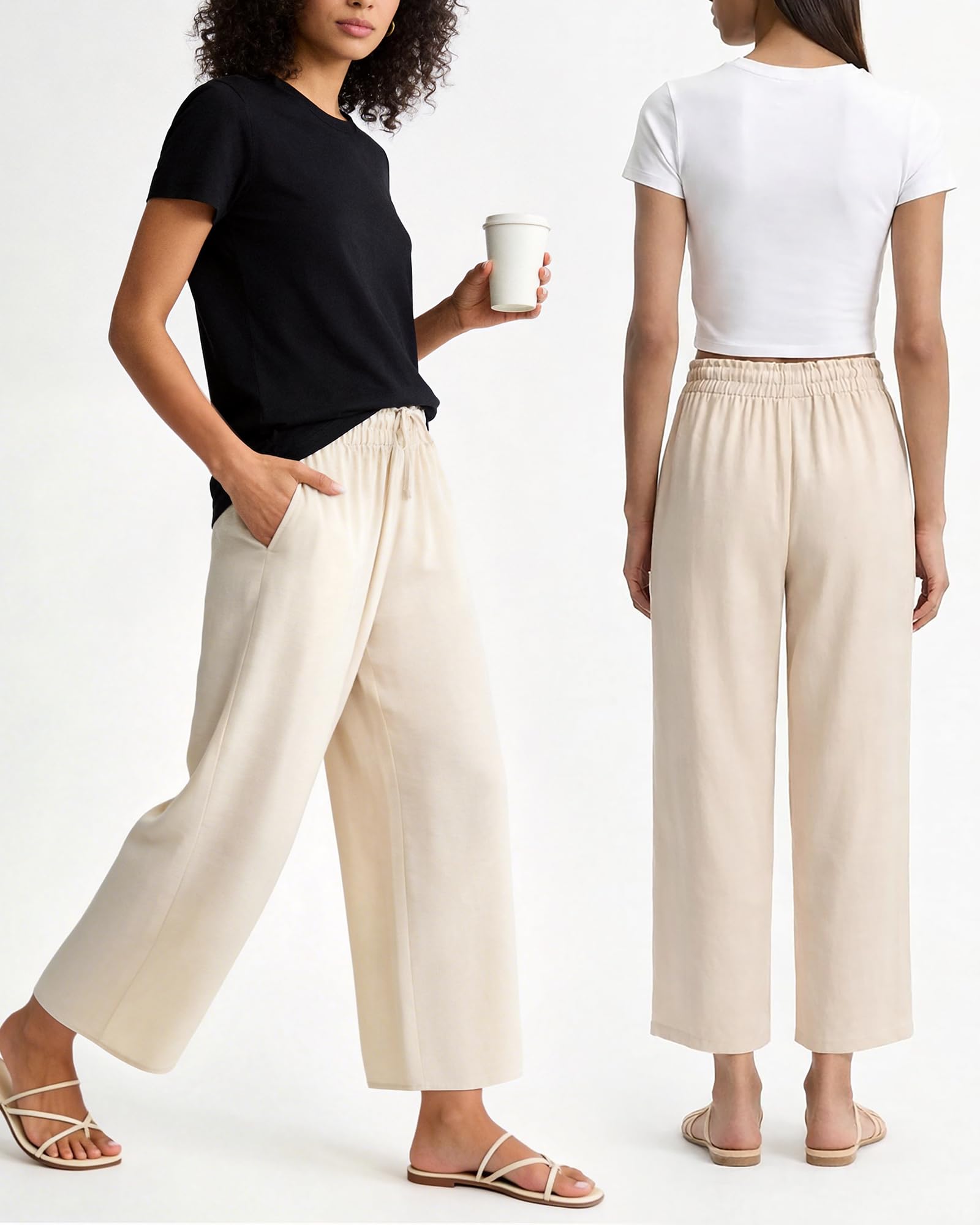 DIGIMAP Womens Cropped Casual Pants Wide Leg Palazzo Pants Elastic Waisted Flowy Trousers with Pockets Beige