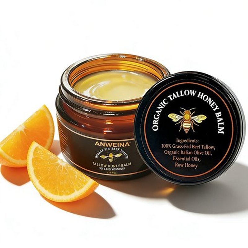 Eqimznv Beef Tallow for Skin, Organic Grass-Fed Beef Tallow Balm with Row Honey, Tallow and Honey Balm, Tallow Face Moisturizer for Face Body, Natural Formula for Dry & Sensitive Skin (2 OZ, Citrus)