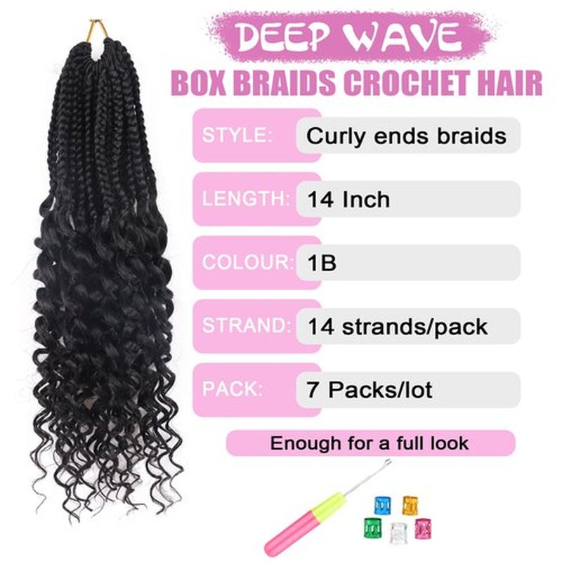 14 Inch Goddess Box Braids Crochet Hair New Short Crochet Braids for Black Women 7 Packs Pre Looped & Braided Micro Box Braid with Curly Ends for Daily - Easy Install Style & All Day Comfy (1B)