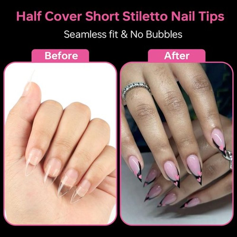 BXKM 504 Pcs Short Stiletto Nail Tips, 12 Sizes Pre-shape Gel Acrylic Clear Half Cover Fake Nail Tips for Extension Home DIY Salon
