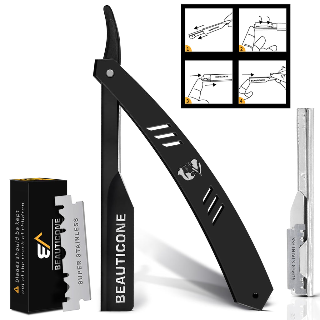 BEAUTICONE Barber Straight Razor for Men – Professional Shavette with Slide-Out Blade Holder, 20 Stainless Steel Blades Included, Cut Throat Razor, All Black