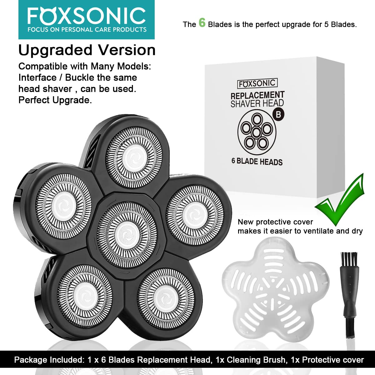 FOXSONIC Universal 6 Blades Replacement Heads for Mainstream shaver brands, 5 Blades Head Shaver Replacement Blades, Head shaver Bald Shaver replacement heads With Blade Cover Shaver Head (6 Black)