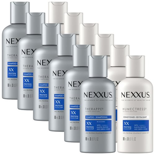 Nexxus Therappe Shampoo & Humectress Conditioner, Travel-Size (6 Sets, 12 Bottles), Elastin Protein & Green Caviar Revive Dry Hair with 24H Moisture, 3 Oz Ea