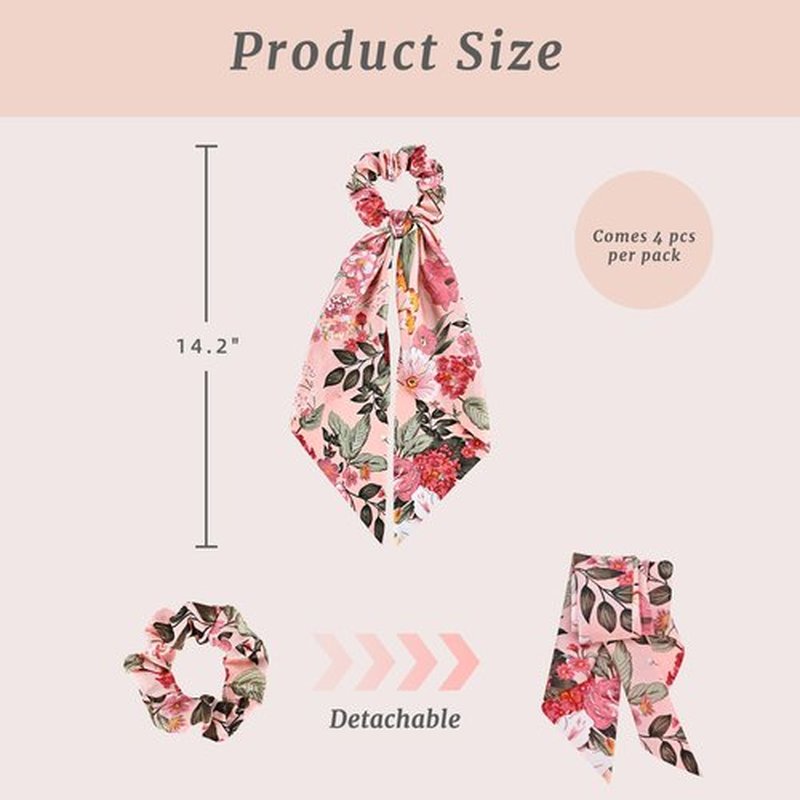 Mirlern 4-Piece Satin Hair Scarf Scrunchies for Women Girls, No Damage Cute Hair Ties with Bow Ribbons Ponytail Holders Elastic Rubber Bands (Lily)