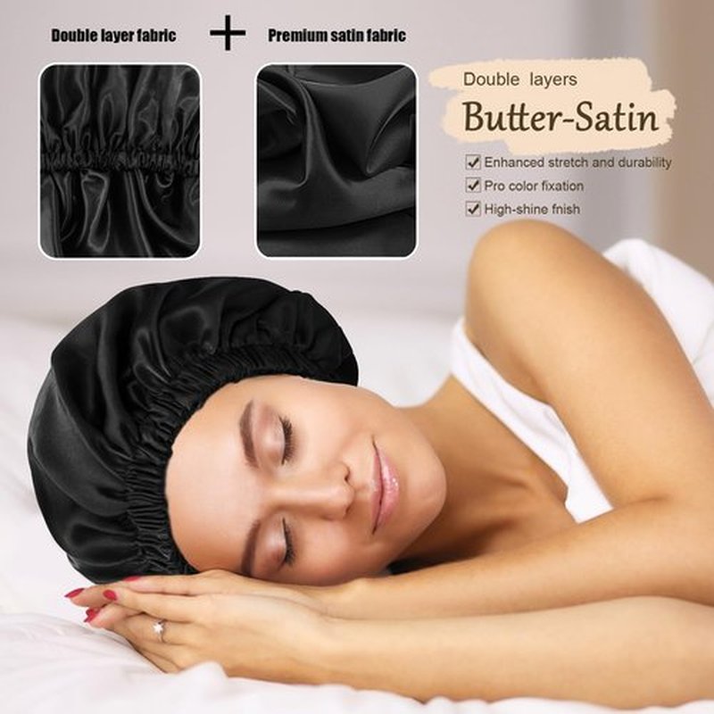 Doitory Bonnet for Sleeping Women & Men, Double Layer Silk Bonnet, Soft Satin Lined Hair Bonnets Sleep Shower Cap for Natural & Curly Hair(Black)