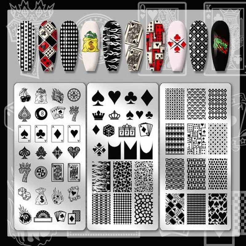 PH PandaHall 3pcs Poker Elements Nail Stamping Plates, Diamonds Clubs Nail Art Templates Textured Nail Art Stencil Stainless Steel Nail Image Plates for Women Nail Design Print Manicure Salon