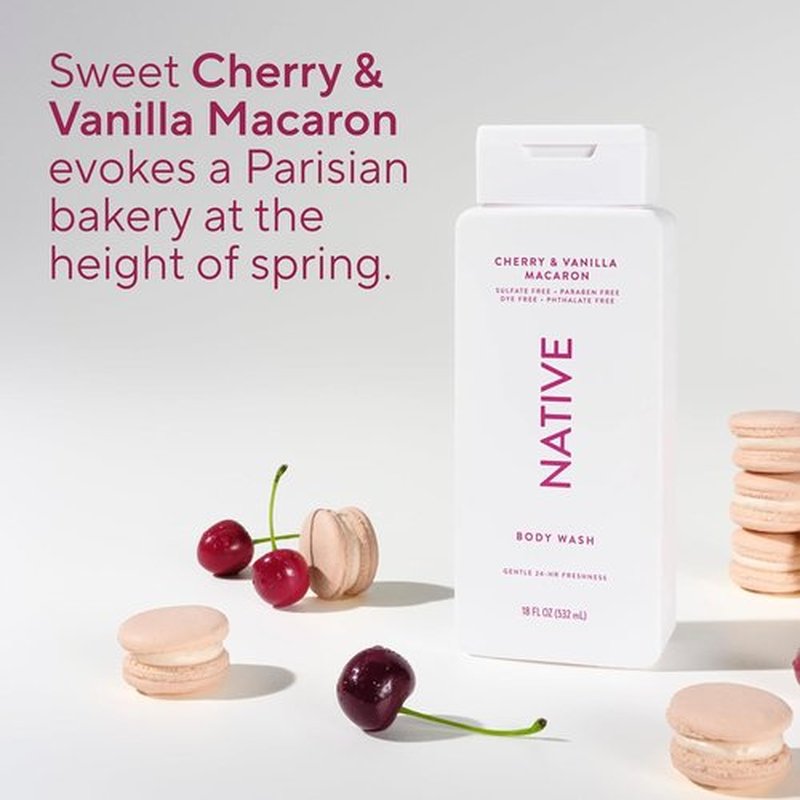 Native Body Wash - Naturally Derived Ingredients for Soft, Hydrated Skin | Cherry & Vanilla Macaron, 18 oz