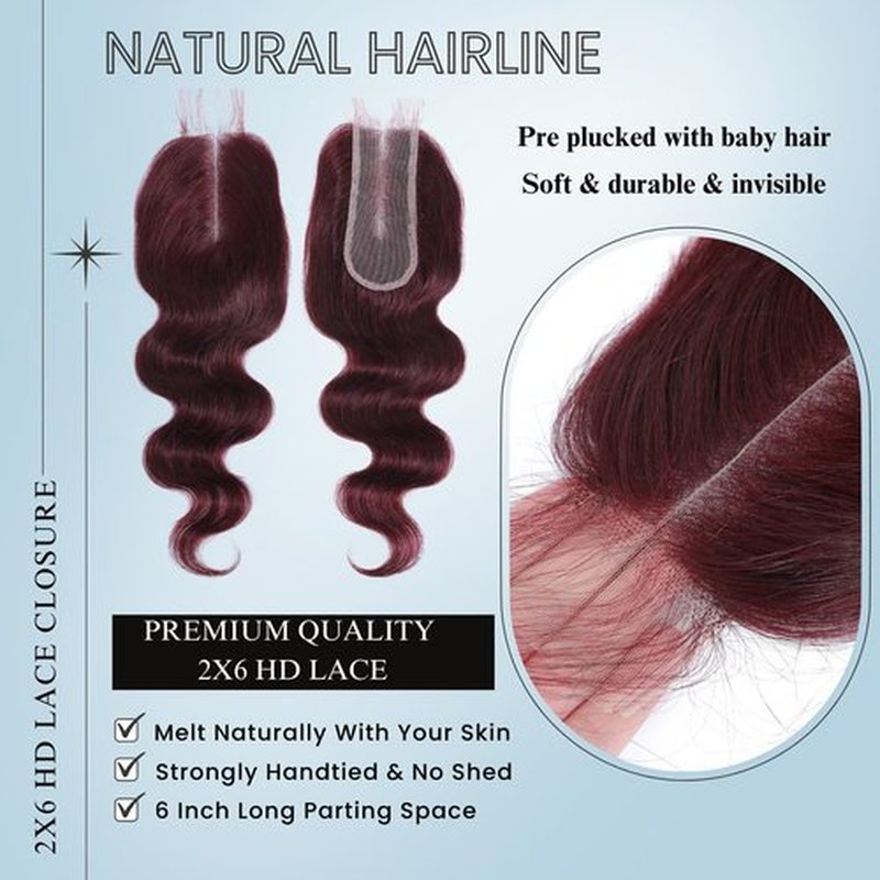 ALHER Dark Burgundy 2X6 HD Lace Closure Human Hair Body Wave, 12A Wine Red 99J Long Deep Parting 2 by 6 HD Transparent Lace Closure Middle Part Kim K Closure Wavy With Baby Hair (2X6 Closure, 12 Inch)