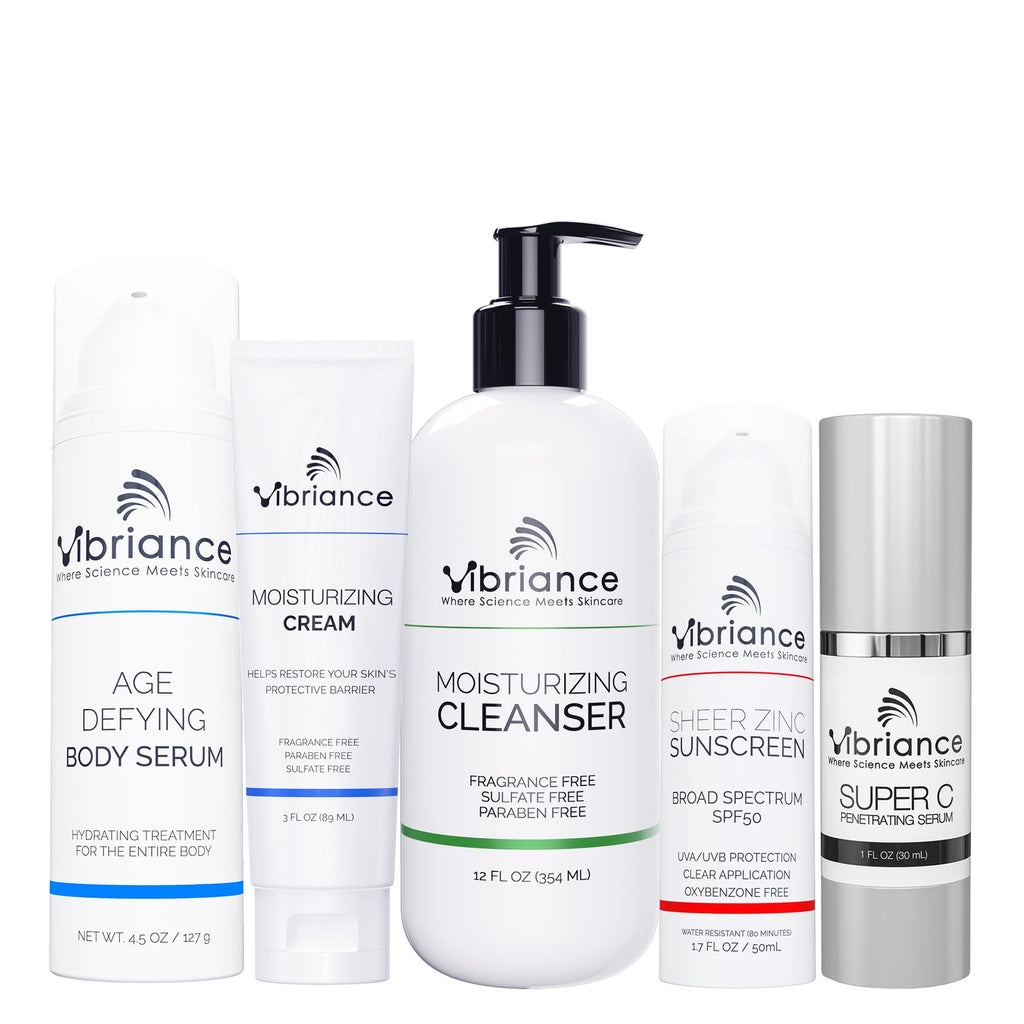 Vibriance Premium Skincare Bundle | Super C All-in-One Serum, Face Cleanser, Moisturizing Cream, Sheer Zinc Sunscreen SPF 50, Age Defying Body Creme - Heal, Hydrate, Protect, Rejuvenate