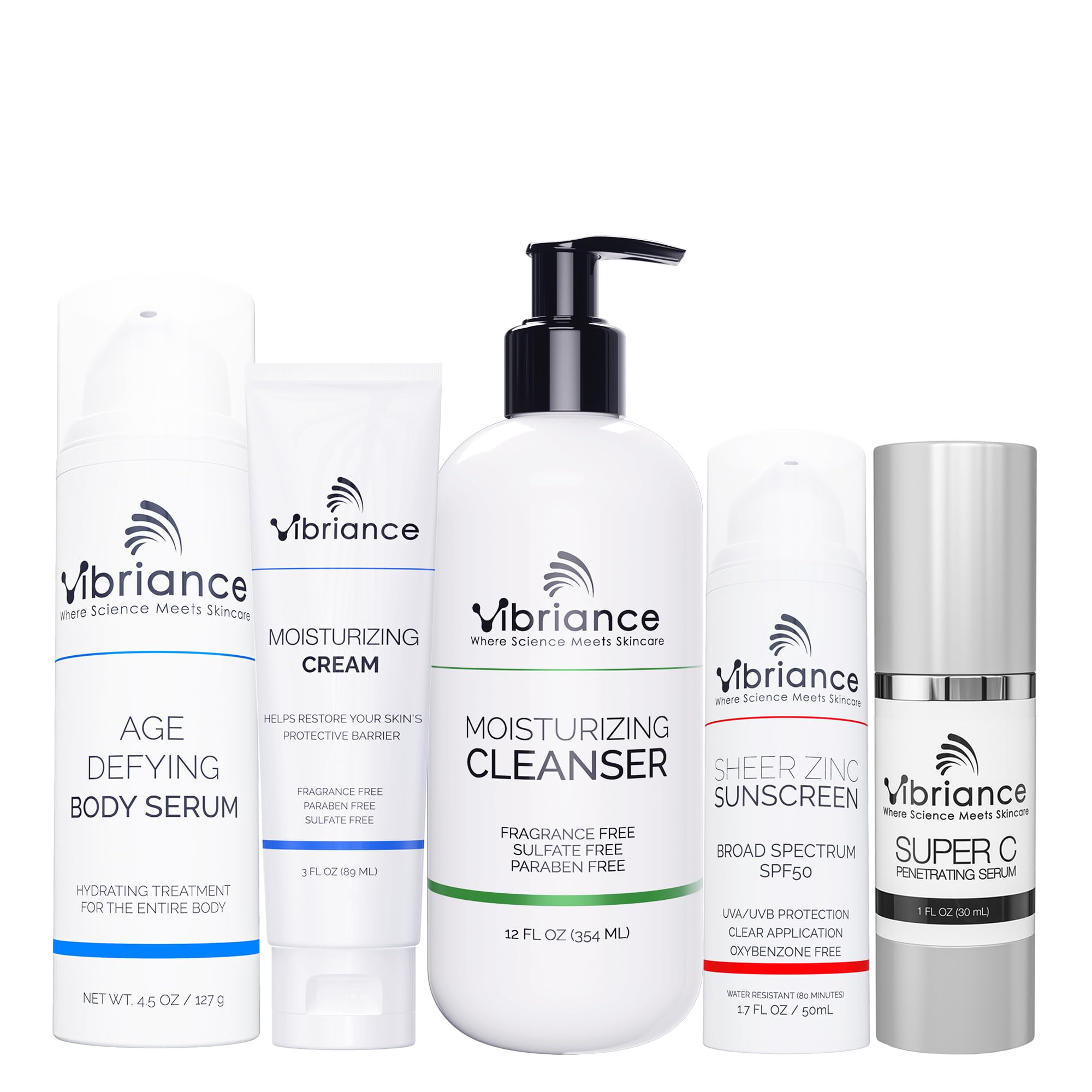 Vibriance Premium Skincare Bundle | Super C All-in-One Serum, Face Cleanser, Moisturizing Cream, Sheer Zinc Sunscreen SPF 50, Age Defying Body Creme - Heal, Hydrate, Protect, Rejuvenate