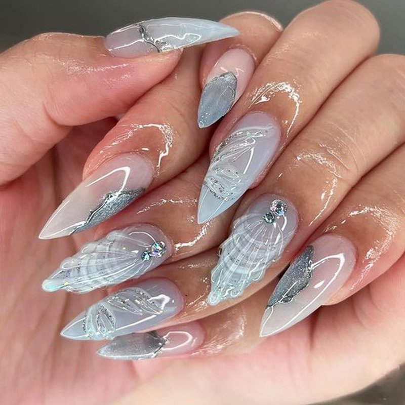 KKUUOO Medium Almond Blue Press-on Nails - Shell Design Rhinestones, French False Nails, Glossy Acrylic Finish, Stick-on, 12 Sizes, 24 Pieces