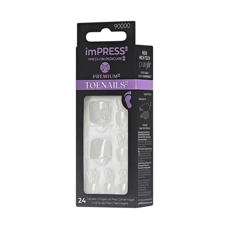 KISS Impress Premium No Glue Pedi Press-On Toenails, Sparkling White Silver, Silver Glitter, Squoval Shape, Includes 24 Nails, Prep Pad, 1 Manicure Stick, 1 Mini File