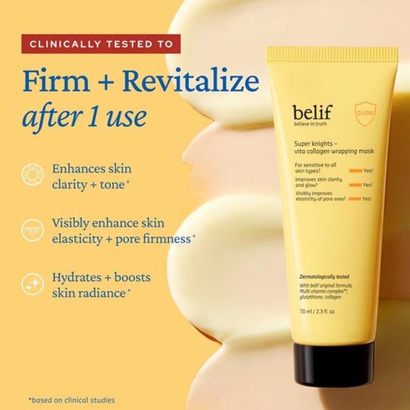 belif Super Knights - Vitamin Collagen Wrapping Peel Off Facial Mask, Elasticity + Hydration, Pore Firmenss & Even Skin Tone, with Multi Vitamin Complex and Glutathione | Korean Skincare, 2.3 fl. oz